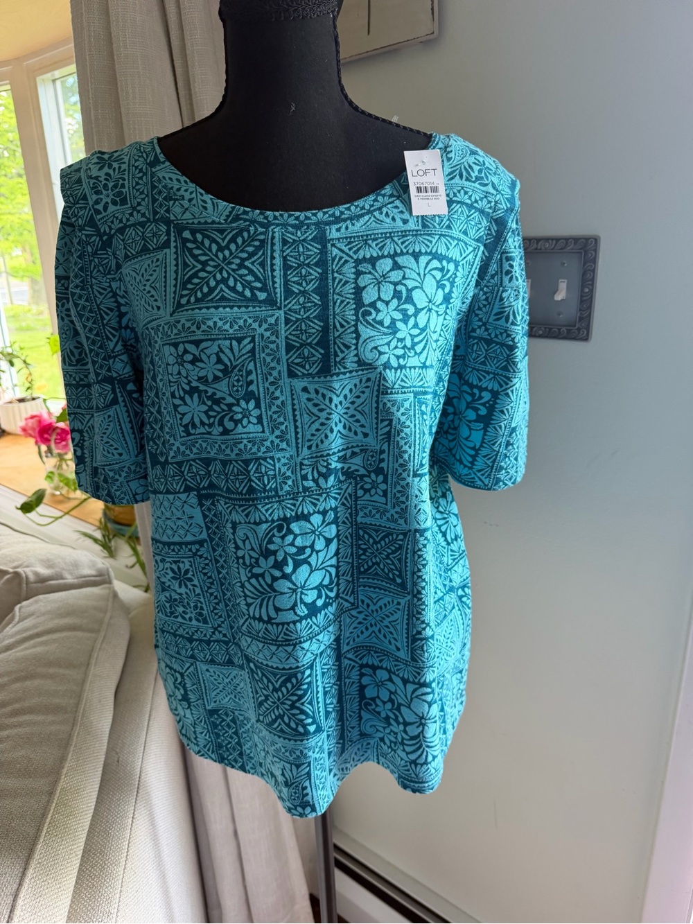 LOFT Teal Patterned Short Sleeve Scoop Neck Top